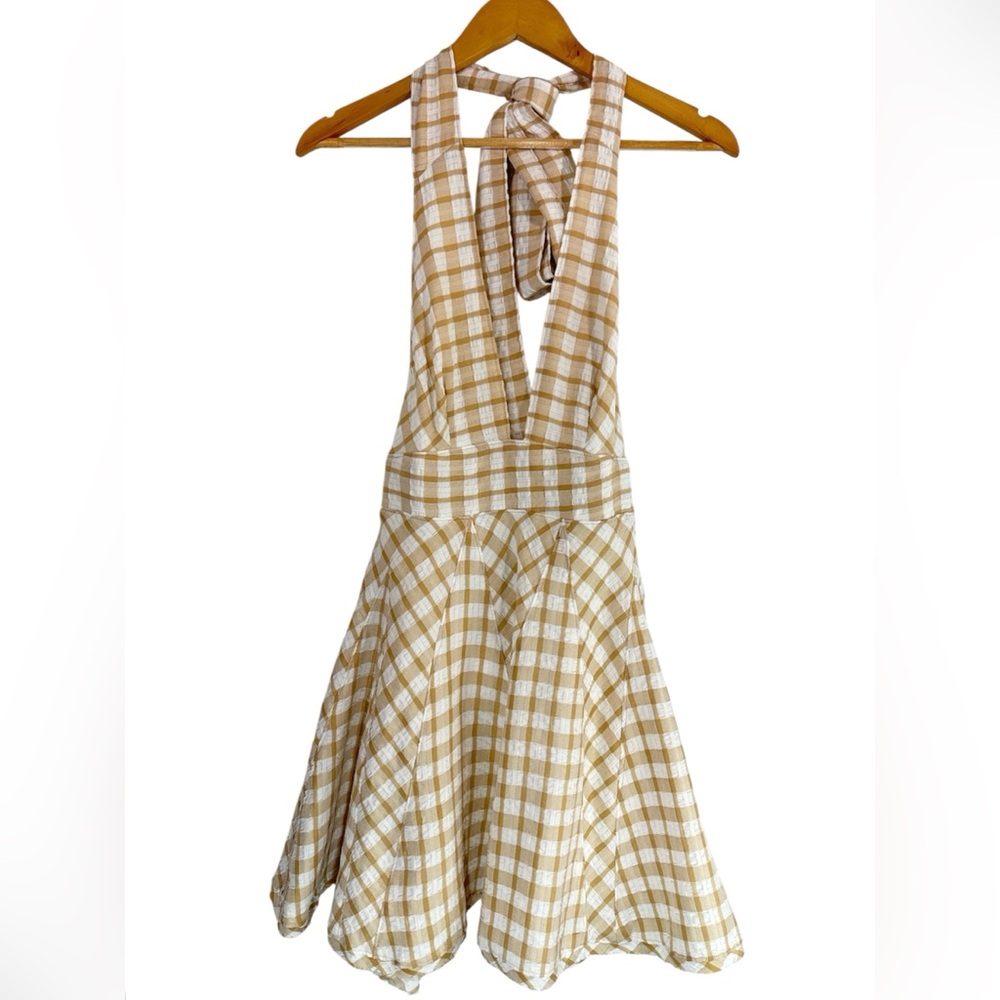 Free People “Do the Twist” Halter Mini Dress Gingham Ivory Combo Size 6 - Picture 4 of 11
